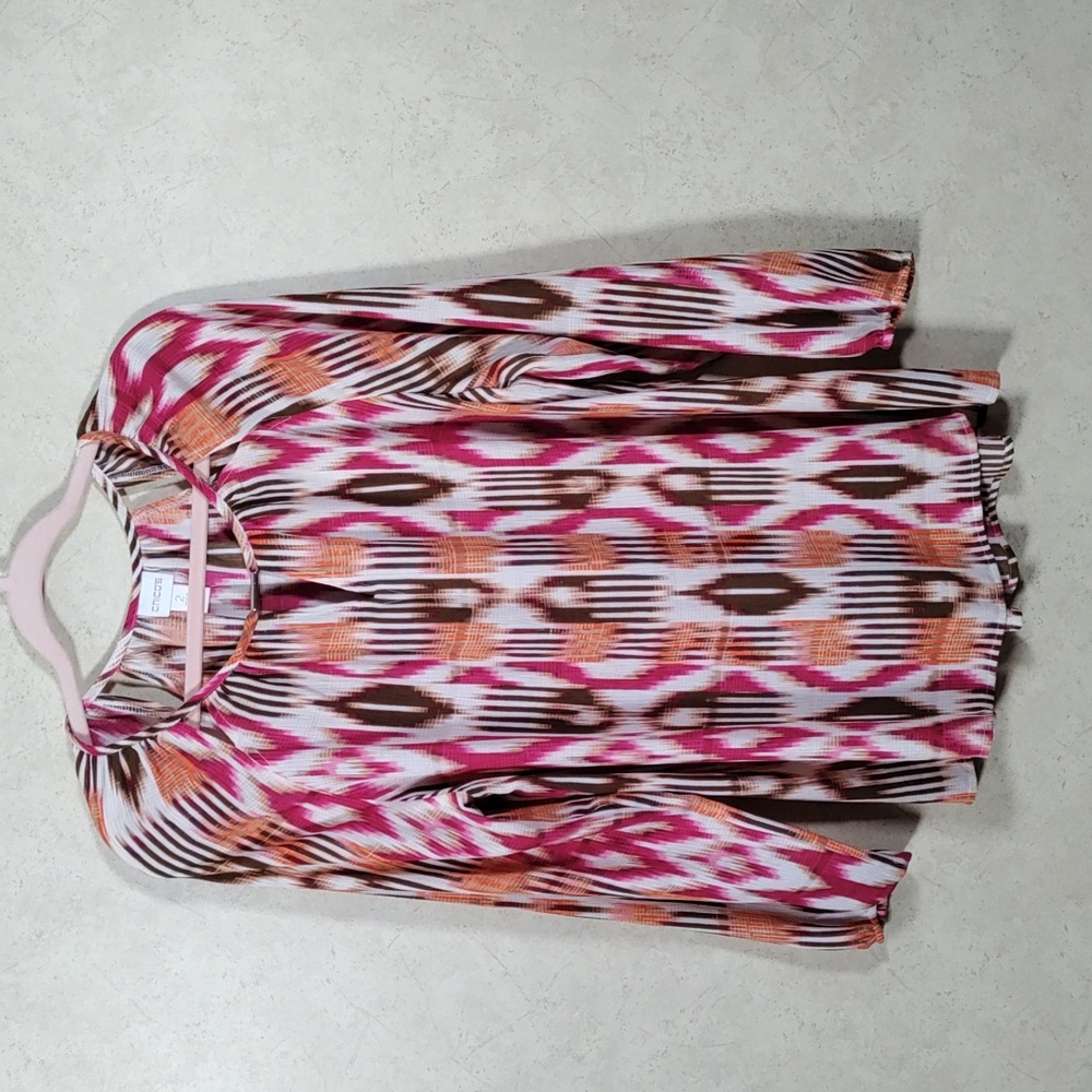 5177 Chico's fuchsia, orange, and brown knit blouse w/neck detail 2 L